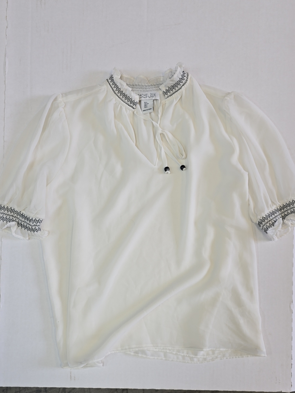 Rachel Zoe Ivory Tie-Neck Blouse with Embroidered Trim